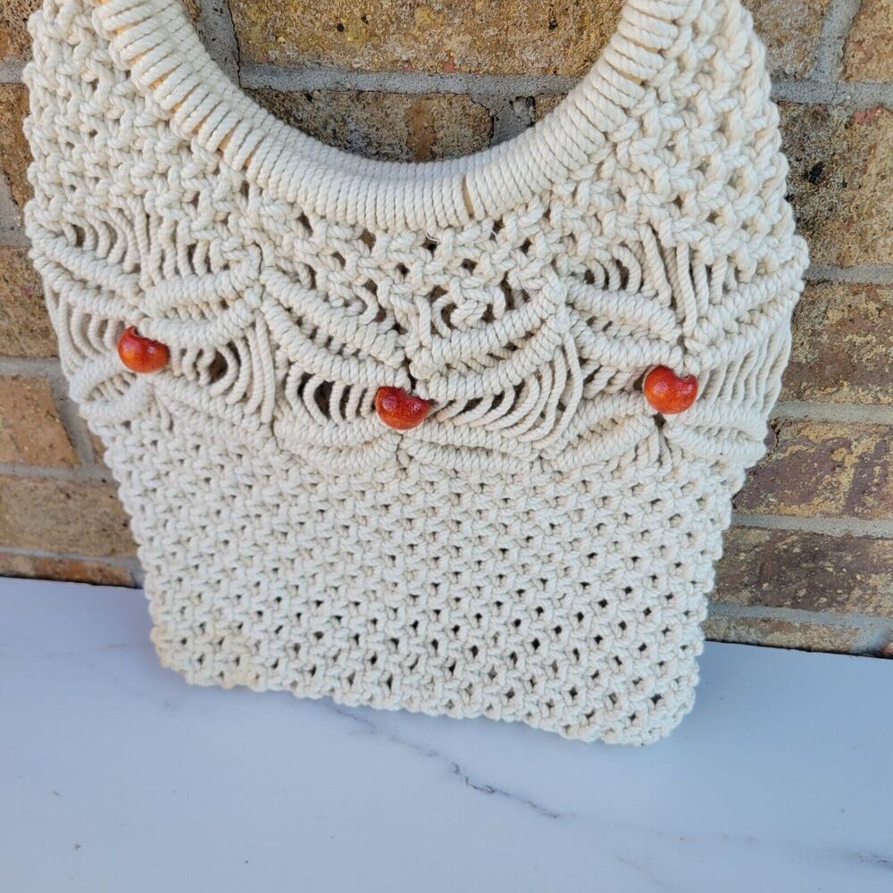 Handcrafted Macramé Tote Bag With Wooden Handles &‎ Orange Beads
